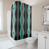 Atomic Era Abstract Columns Black Turquoise Douchegordijn (In situ)