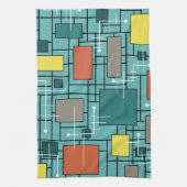 Atomic Era Abstracte lijnen Boxes Turquoise Theedoek (Verticaal)