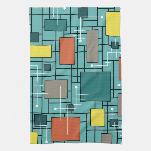 Atomic Era Abstracte lijnen Boxes Turquoise Theedoek (Verticaal)