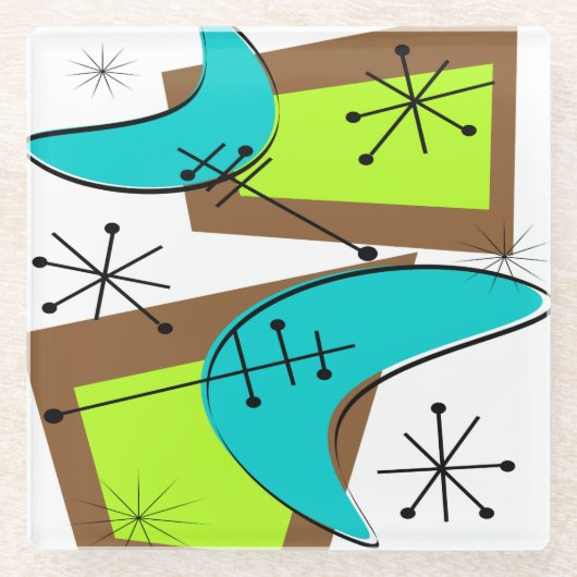 Atomic Era Geïnspireerd Boomerang Design Sandstone Glazen Onderzetter (Voorkant)