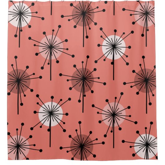 Atomic Era Sputnik Starburst Flowers Salmon Pink Douchegordijn (Voorkant)