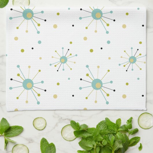Atomic Era Starburst en Stippen Mid-eeuwse Moderne Theedoek (Gevouwen)