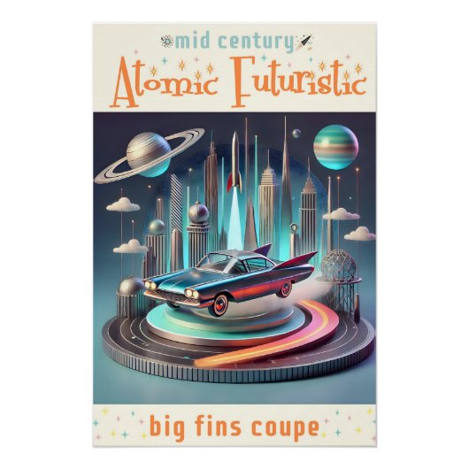 Atomic Futuristic Big Fins Coupe Car Perfect Poster (Voorkant)