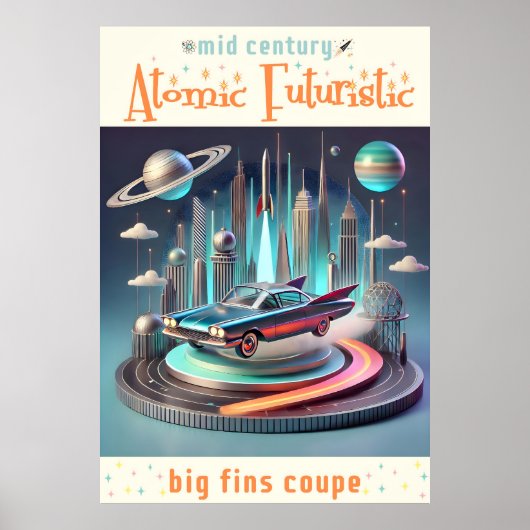 Atomic Futuristic Big Fins Coupe Car Poster (Voorkant)