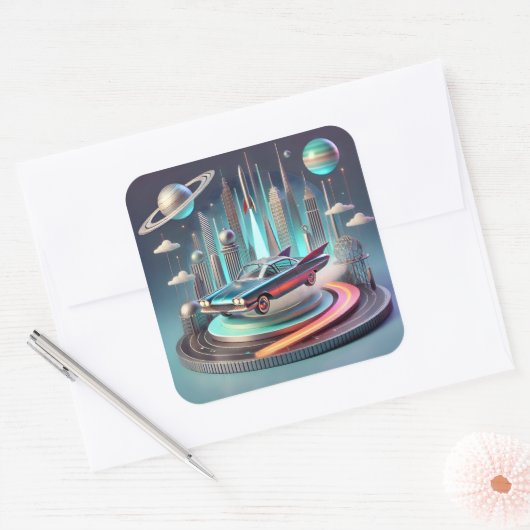 Atomic Futuristic Big Fins Coupe Car Vierkante Sticker (Envelop)