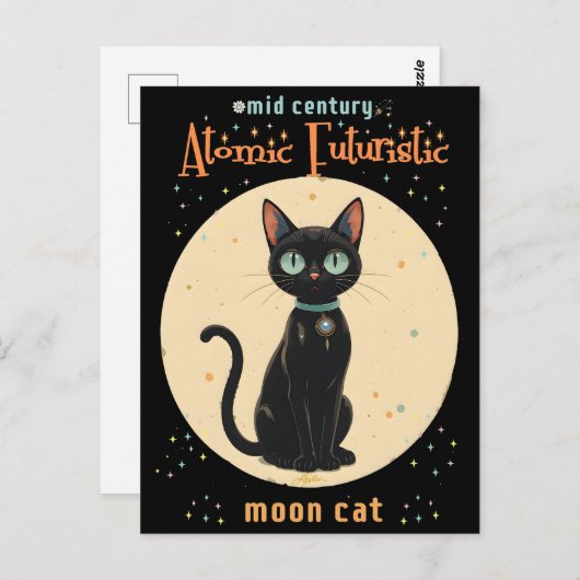 Atomic Futuristic Black Cat Moon met tekst Briefkaart (Voorkant / Achterkant)