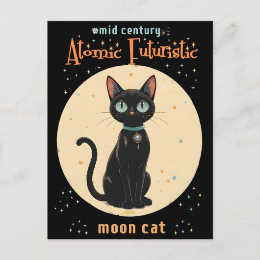 Atomic Futuristic Black Cat Moon met tekst Briefkaart (Voorkant)