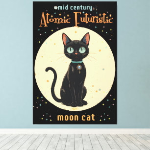 Atomic Futuristic Black Cat Moon met tekst Canvas Afdruk