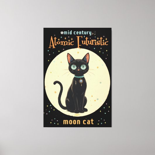 Atomic Futuristic Black Cat Moon met tekst Canvas Afdruk (Voorkant)