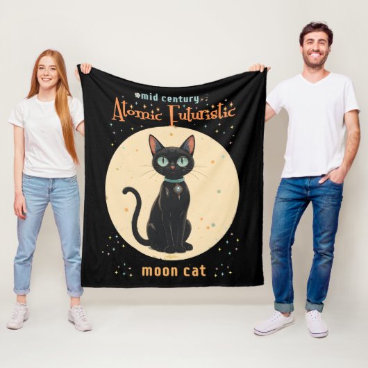 Atomic Futuristic Black Cat Moon met tekst Fleece Deken (In situ)