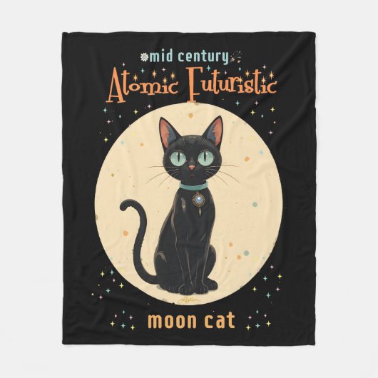 Atomic Futuristic Black Cat Moon met tekst Fleece Deken (Voorkant)