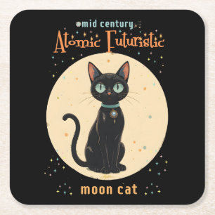 Atomic Futuristic Black Cat Moon met tekst Kartonnen Onderzetters