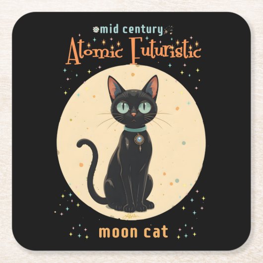 Atomic Futuristic Black Cat Moon met tekst Kartonnen Onderzetters (Voorkant)