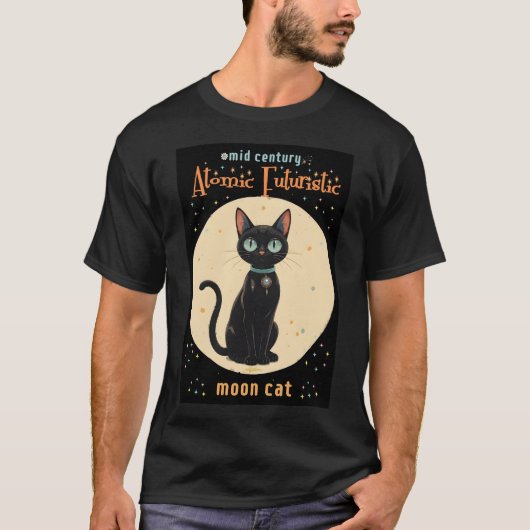 Atomic Futuristic Black Cat Moon met tekst T-shirt (Voorkant)
