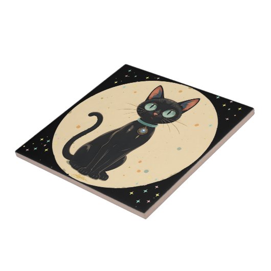 Atomic Futuristic Black Cat Moon Tegeltje (Zijkant)