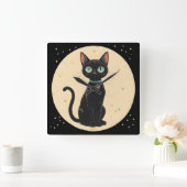 Atomic Futuristic Black Cat Moon Vierkante Klok (Huis)