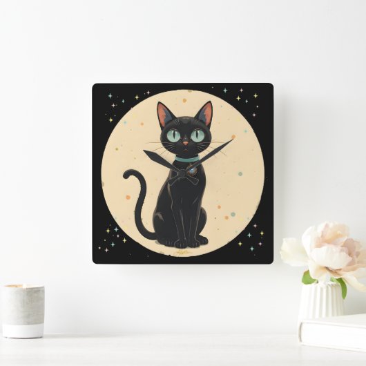 Atomic Futuristic Black Cat Moon Vierkante Klok (Huis)