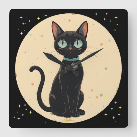 Atomic Futuristic Black Cat Moon Vierkante Klok (Voorkant)