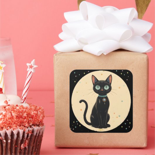 Atomic Futuristic Black Cat Moon Vierkante Sticker (Feest)