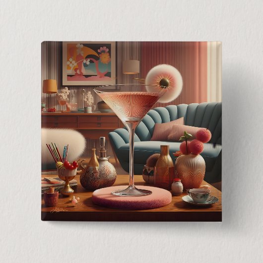 Atomic Futuristic Cherry Blossom Martini Vierkante Button 5,1 Cm (Voorkant)