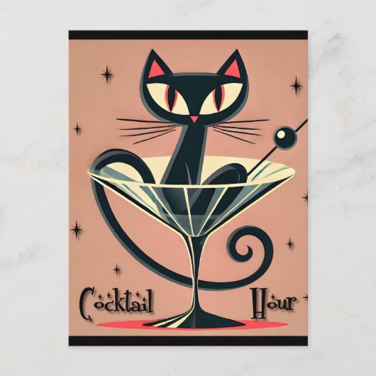 Atomic Futuristic Space Age Black Cat Martini Briefkaart (Voorkant)