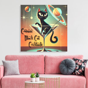 Atomic Futuristic Space Age Black Cat Martini Canvas Afdruk
