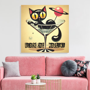 Atomic Futuristic Space Age Black Cat Martini Canvas Afdruk