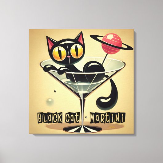 Atomic Futuristic Space Age Black Cat Martini Canvas Afdruk (Voorkant)