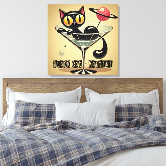 Atomic Futuristic Space Age Black Cat Martini Canvas Afdruk (Insitu (Slaapkamer))