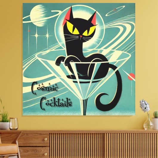 Atomic Futuristic Space Age Black Cat Martini Canvas Afdruk (Insitu (Woonkamer))