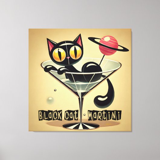 Atomic Futuristic Space Age Black Cat Martini Canvas Afdruk (Voorkant)