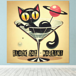Atomic Futuristic Space Age Black Cat Martini Canvas Afdruk