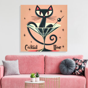 Atomic Futuristic Space Age Black Cat Martini Canvas Afdruk
