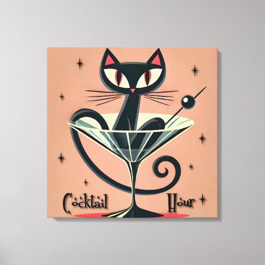 Atomic Futuristic Space Age Black Cat Martini Canvas Afdruk (Voorkant)