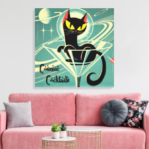 Atomic Futuristic Space Age Black Cat Martini Canvas Afdruk
