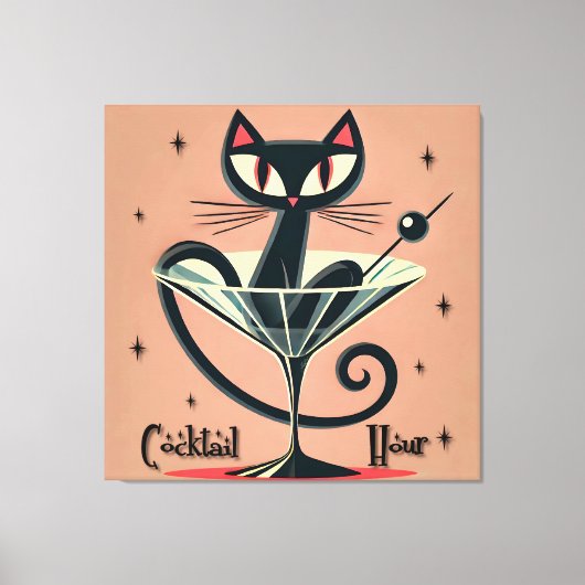 Atomic Futuristic Space Age Black Cat Martini Canvas Afdruk (Voorkant)