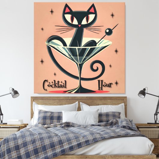 Atomic Futuristic Space Age Black Cat Martini Canvas Afdruk (Insitu (Slaapkamer))
