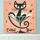 Atomic Futuristic Space Age Black Cat Martini Canvas Afdruk (Insitu (Houten vloer))