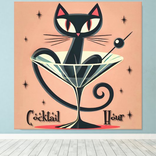 Atomic Futuristic Space Age Black Cat Martini Canvas Afdruk (Insitu (Houten vloer))