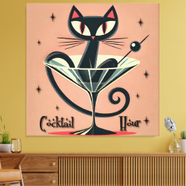 Atomic Futuristic Space Age Black Cat Martini Canvas Afdruk