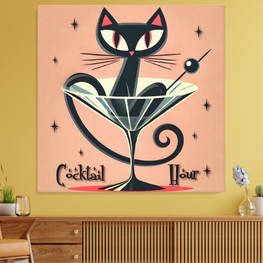 Atomic Futuristic Space Age Black Cat Martini Canvas Afdruk (Insitu (Woonkamer))