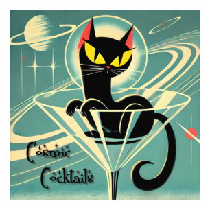 Atomic Futuristic Space Age Black Cat Martini Foto Afdruk