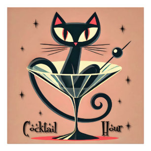 Atomic Futuristic Space Age Black Cat Martini Foto Afdruk