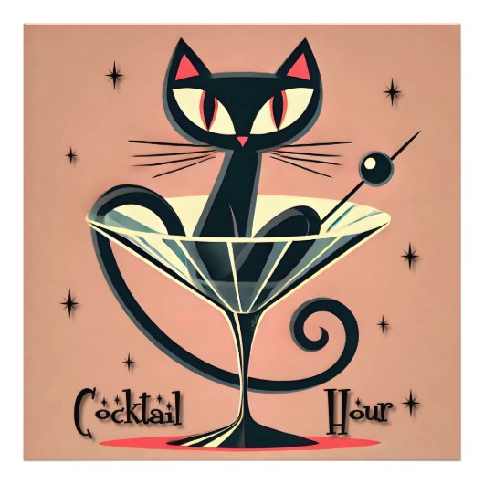 Atomic Futuristic Space Age Black Cat Martini Foto Afdruk (Voorkant)