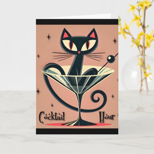 Atomic Futuristic Space Age Black Cat Martini Kaart (Gele Bloem)