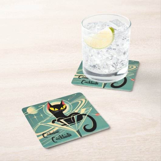Atomic Futuristic Space Age Black Cat Martini Kartonnen Onderzetters (Insitu)