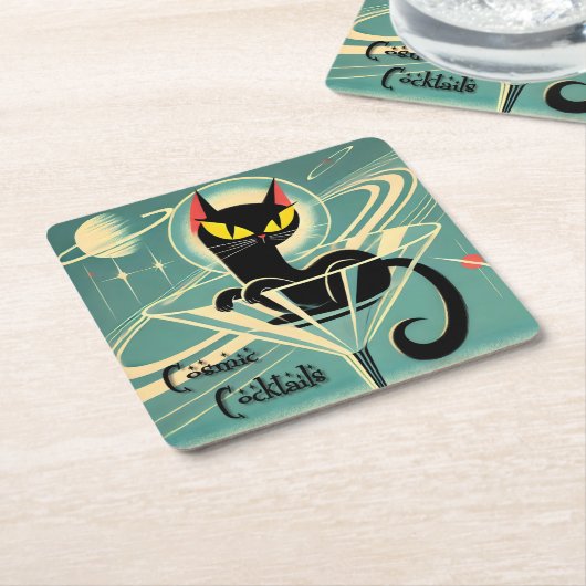 Atomic Futuristic Space Age Black Cat Martini Kartonnen Onderzetters (Schuin)