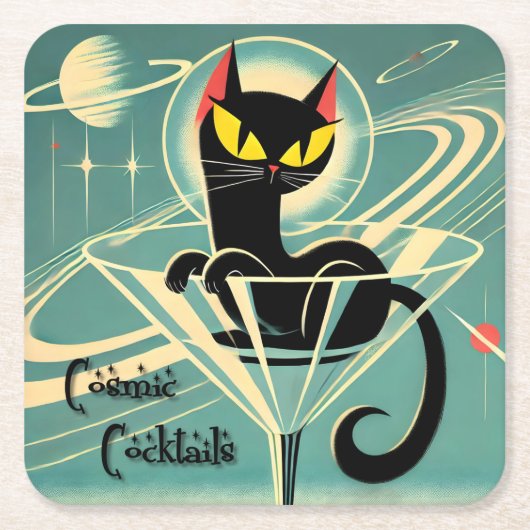 Atomic Futuristic Space Age Black Cat Martini Kartonnen Onderzetters (Voorkant)