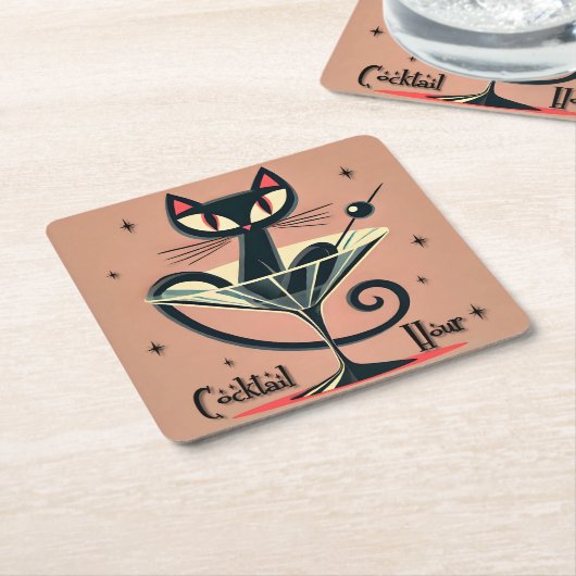 Atomic Futuristic Space Age Black Cat Martini Kartonnen Onderzetters (Schuin)