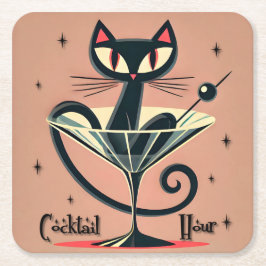 Atomic Futuristic Space Age Black Cat Martini Kartonnen Onderzetters